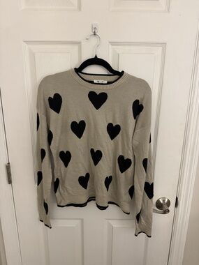 Splendid Beige Black Heart Print Crewneck Sweater Size S